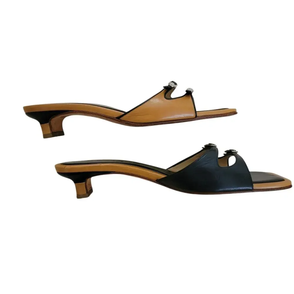 Chanel Vintage Y2K Black Tan Leather Camellia Mules Sandals Kitten Heels 7 37.5 - Picture 5 of 16